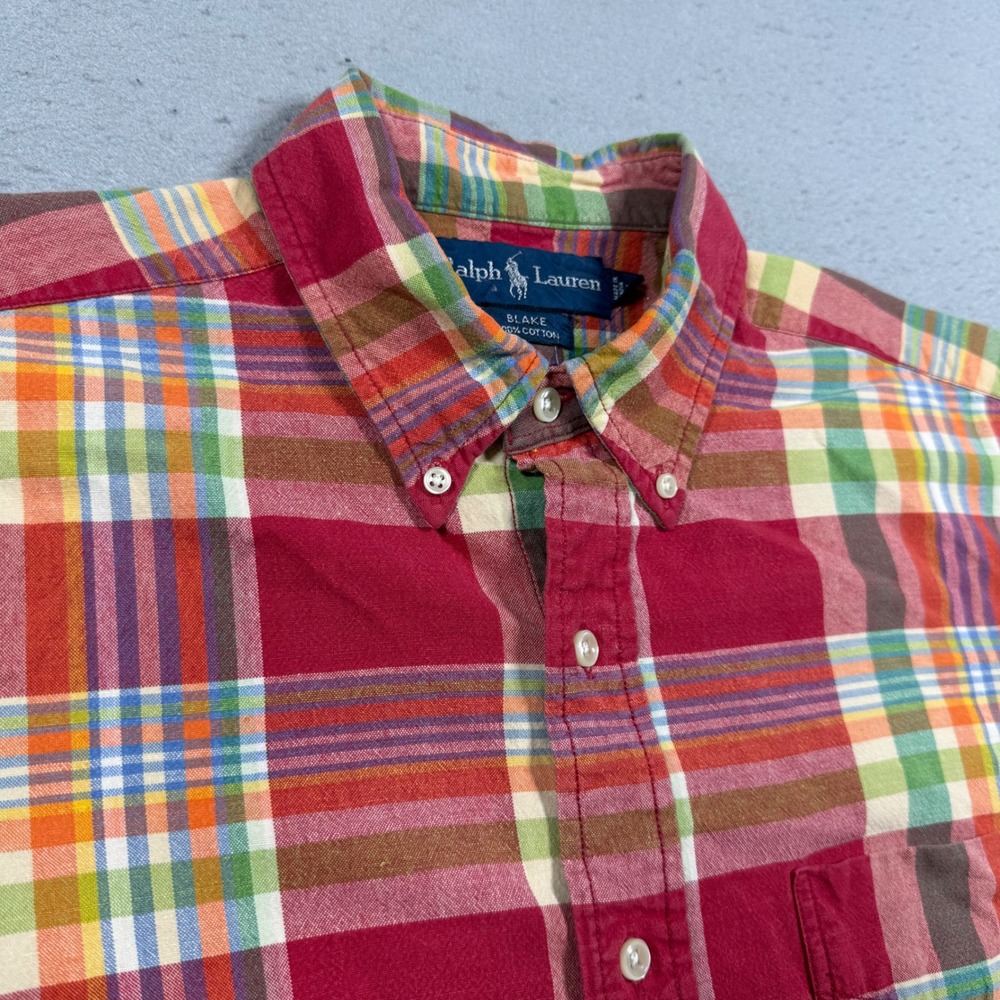 Ralph Lauren Blake Mens Medium Red Plaid Short Sleeve Button Down Cotton Shirt